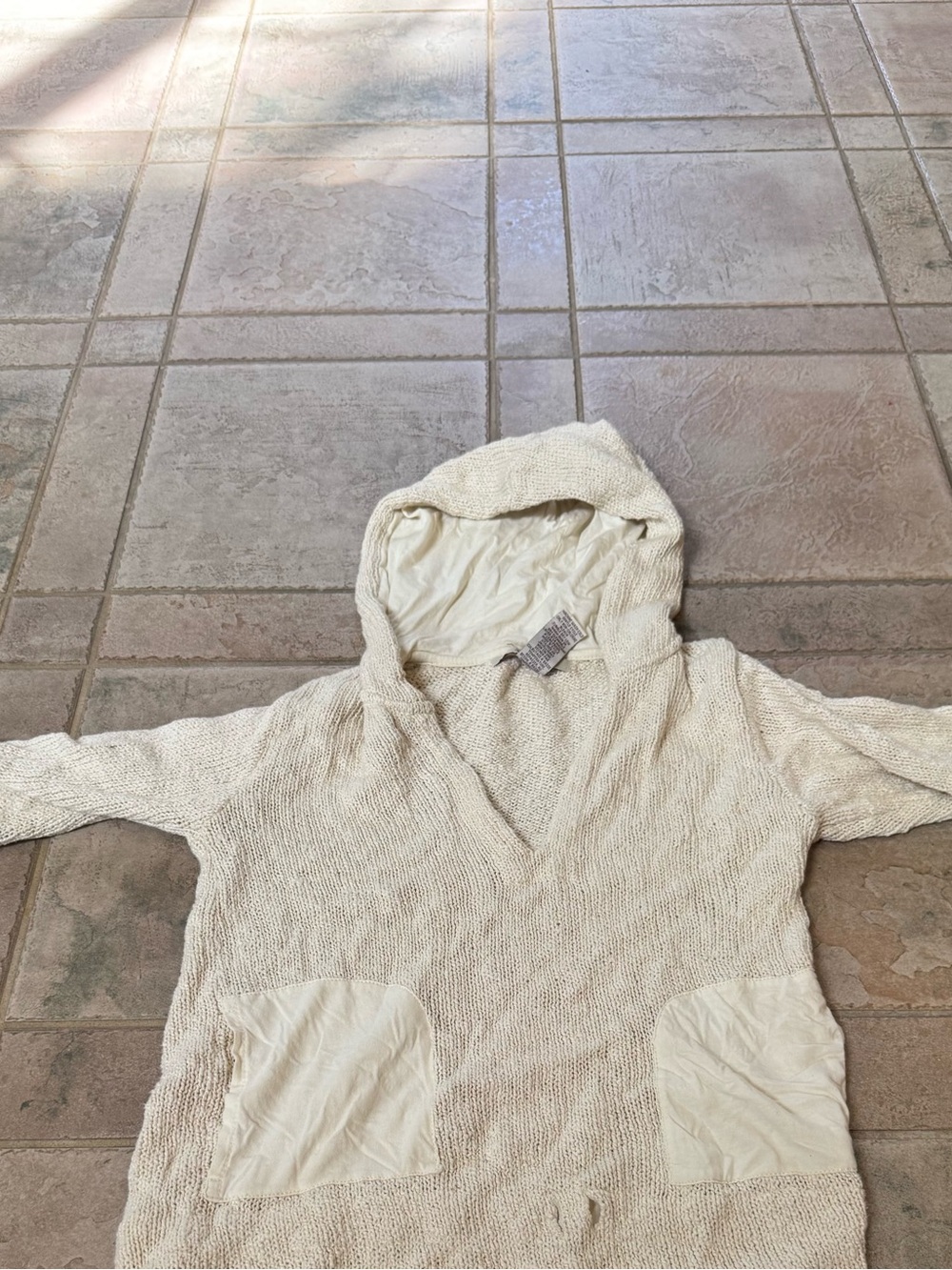 Free People Cream V-Neck Hooded Knit Sweater